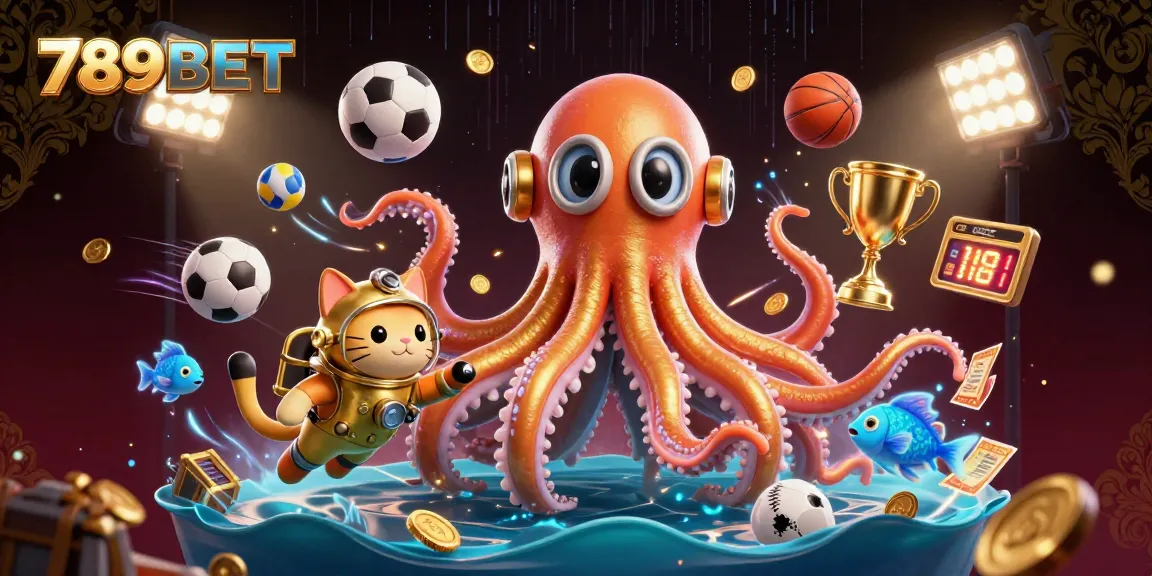 Engage with thrilling gameplay at 789BET while witnessing a colossal kraken, diving cat, and vibrant ocean elements.