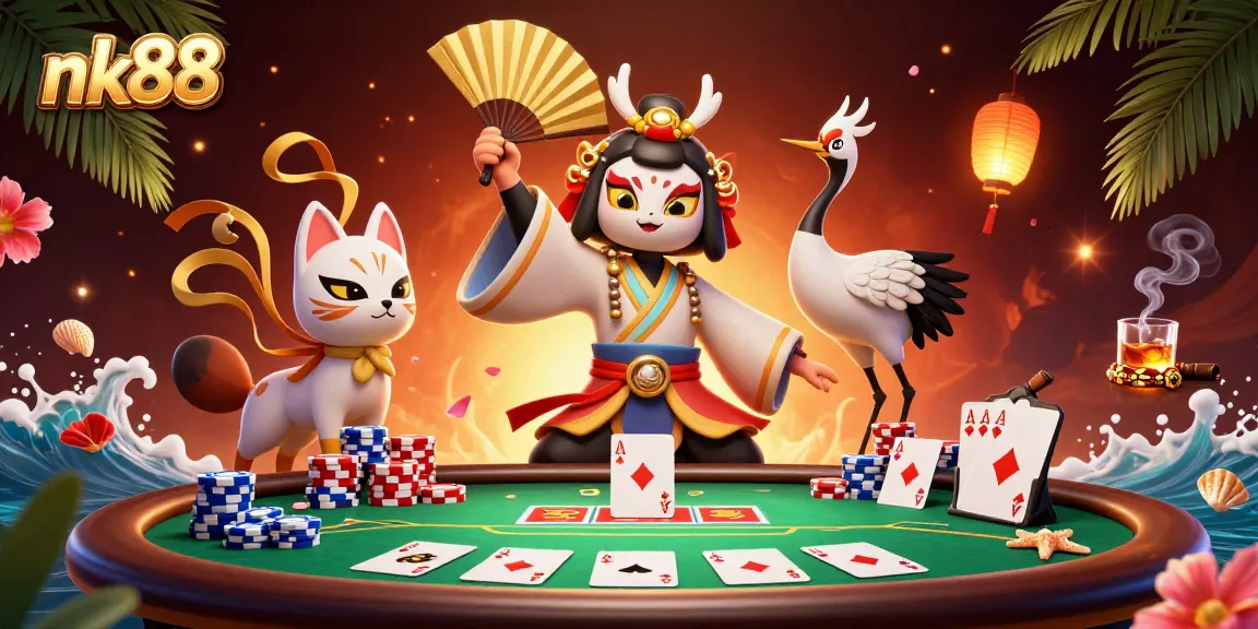 Experience the thrill of nk88 with vibrant casino characters and dynamic poker elements in this engaging illustration.