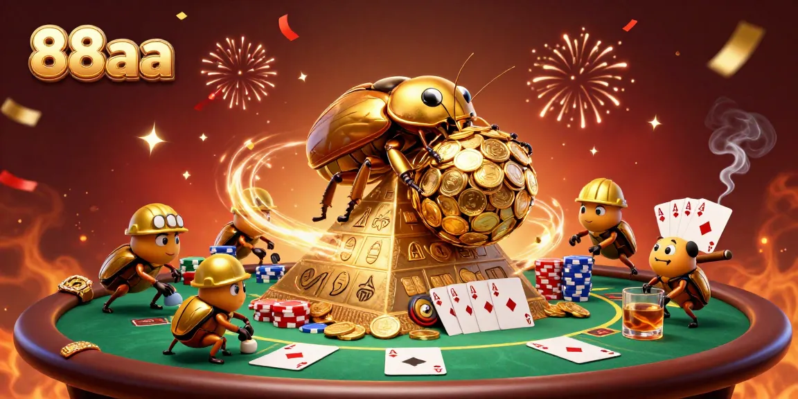 88aa showcases a vibrant 3D scene of a golden beetle rolling coins, symbolizing casino excitement.