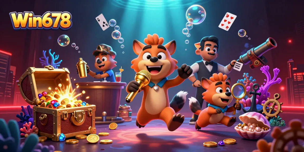Win678 casino hyenas perform comedy while bartending and bouncer duties amidst treasure and games.